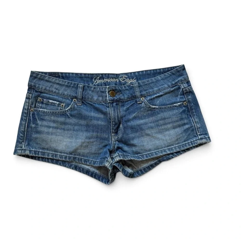 American Eagle Women Medium Wash Denim Short Shorts Low Rise Y2K Blue Size 8